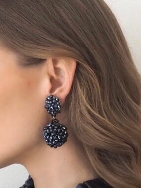 Black Beaded Double-Drop Earrings - Women Glam Statement Cocktail Jewelry New